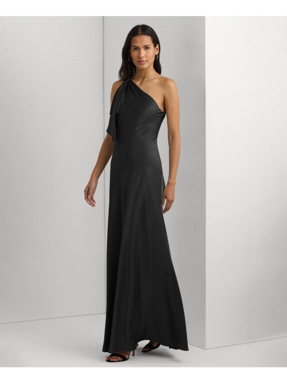 Lauren Ralph Lauren Womens One-Shoulder Satin Gown Dress Black Size 4 $295 SALE